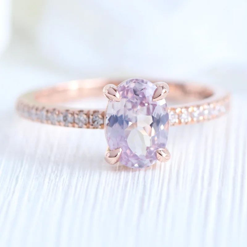 1.42 Ct Oval Lavender Sapphire Diamond Ring in 14k Rose Gold Low Profile Ring, Size 6.25