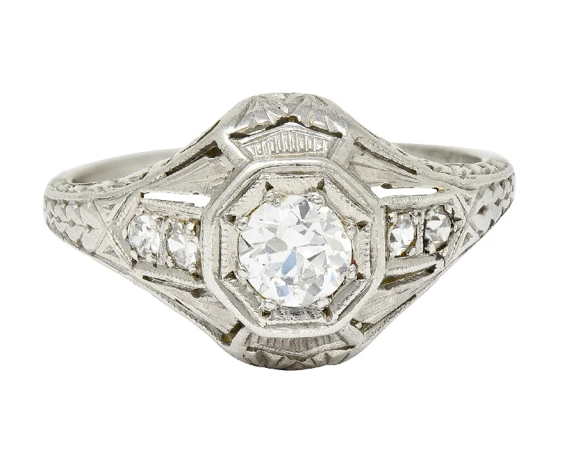 1920's Art Deco 0.40 CTW Diamond Platinum Octagonal Starburst Engagement Ring