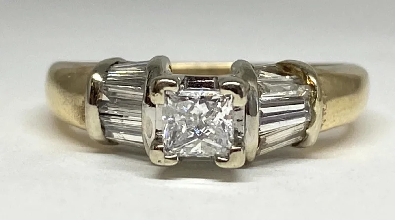 14k Yellow-White Gold Princess and Baguette Diamond Engagement Ring