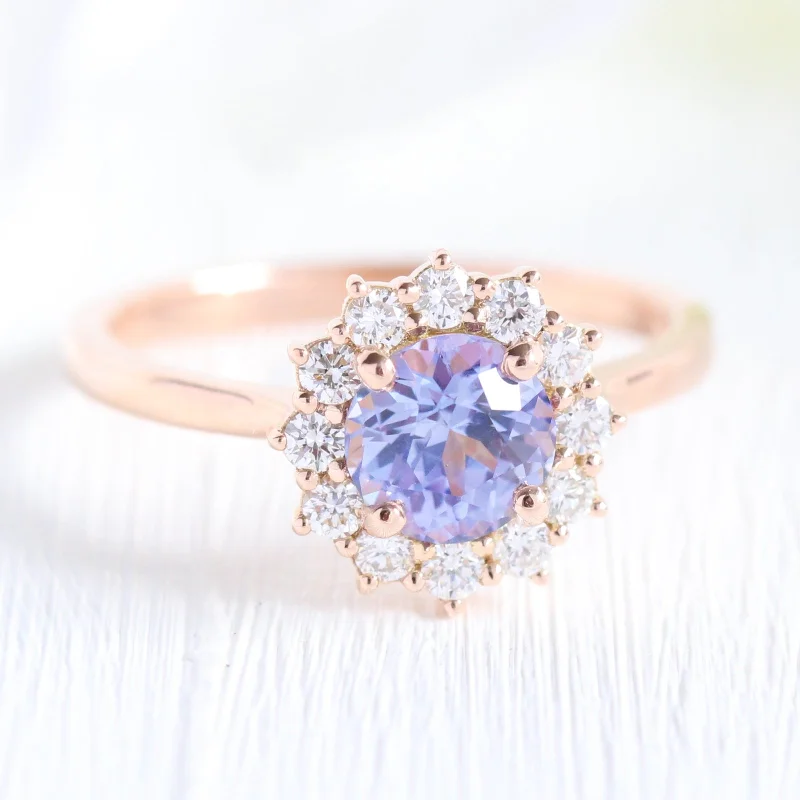 1.48 Ct Lavender Sapphire Engagement Ring in 14k Rose Gold Large Halo Diamond, Size 6.25