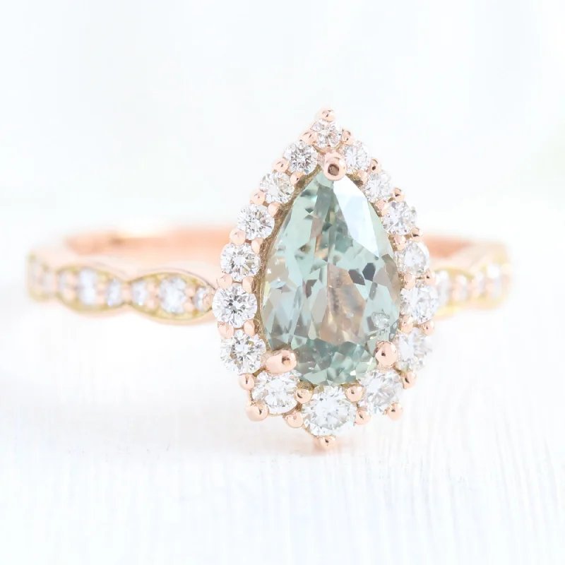 1.89 Ct Pear Sea-foam Green Sapphire Ring in 14k Rose Gold Tiara Halo Diamond, Size 6