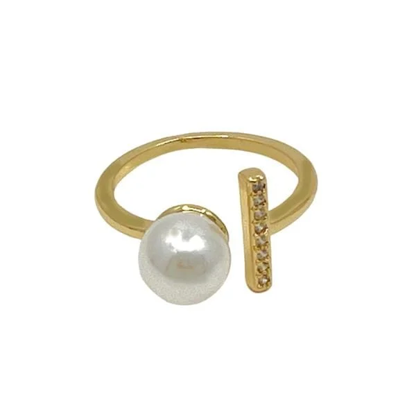 Adjustable Ring: Pearl and CZ Bar: 18kt Gold Fill (RG435)