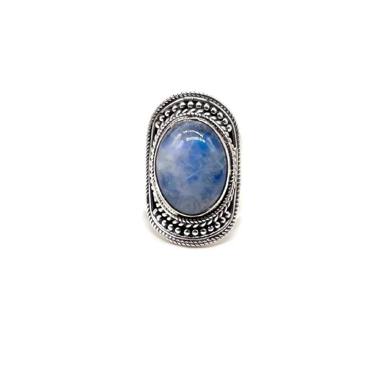 Pebble Trimmed Oval Rainbow Moonstone Ring