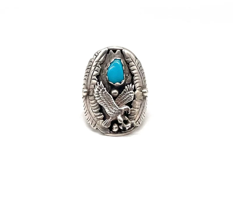 Signed Navajo Turquoise Eagle Statement Ring