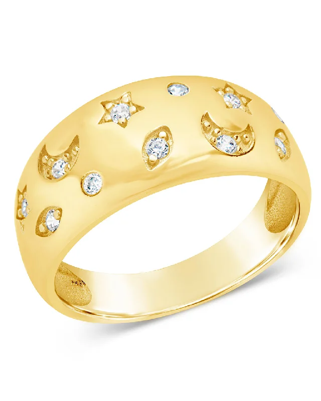 CZ Star and Crescent Bezel Dome Band Ring