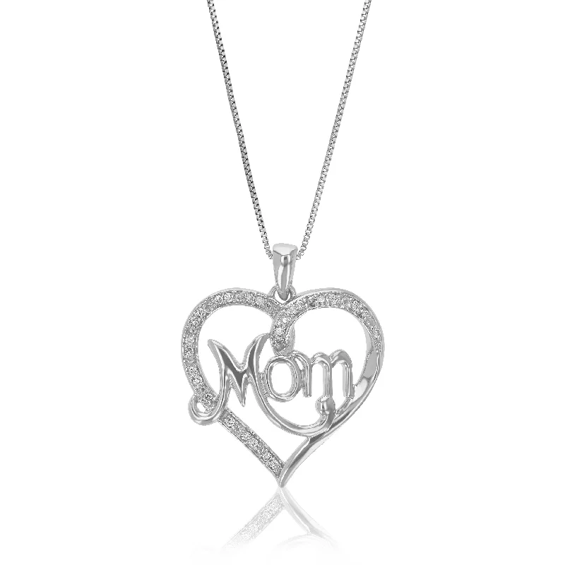 1/10 cttw Lab Grown Diamond Heart And Mom Pendant Necklace .925 Sterling Silver 3/4 Inch With 18 Inch Chain