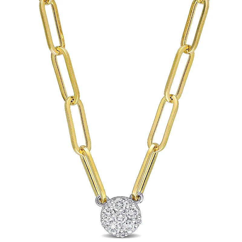 1/4 CT TW Diamond Cluster Pendant in 14K White Gold on a 3.3 MM Polished Paperclip Chain in 14K Yellow Gold