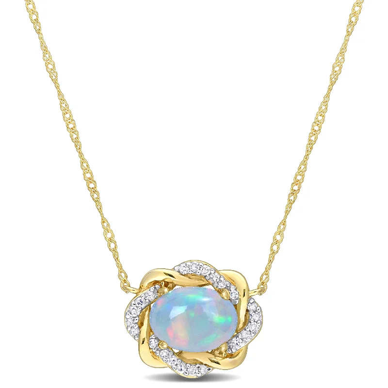 3/4 CT TGW Ethiopian Blue Opal and 1/10 CT TW Diamond Interlaced Halo Necklace 10K Yellow Gold