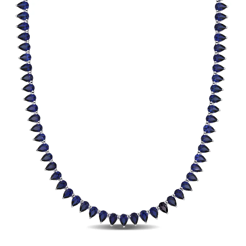 35 CT TGW Created Blue Sapphire Tennis Necklace in Sterling Silver