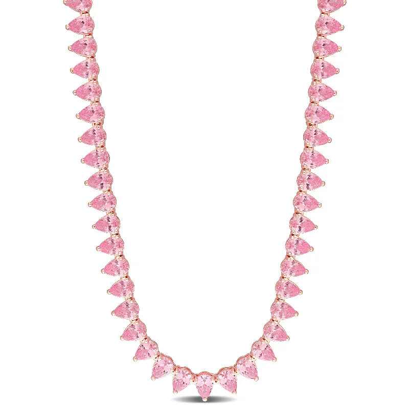 44 1/2 CT TGW Created Pink Sapphire Tennis Necklace in Rose Plated Sterling Silver