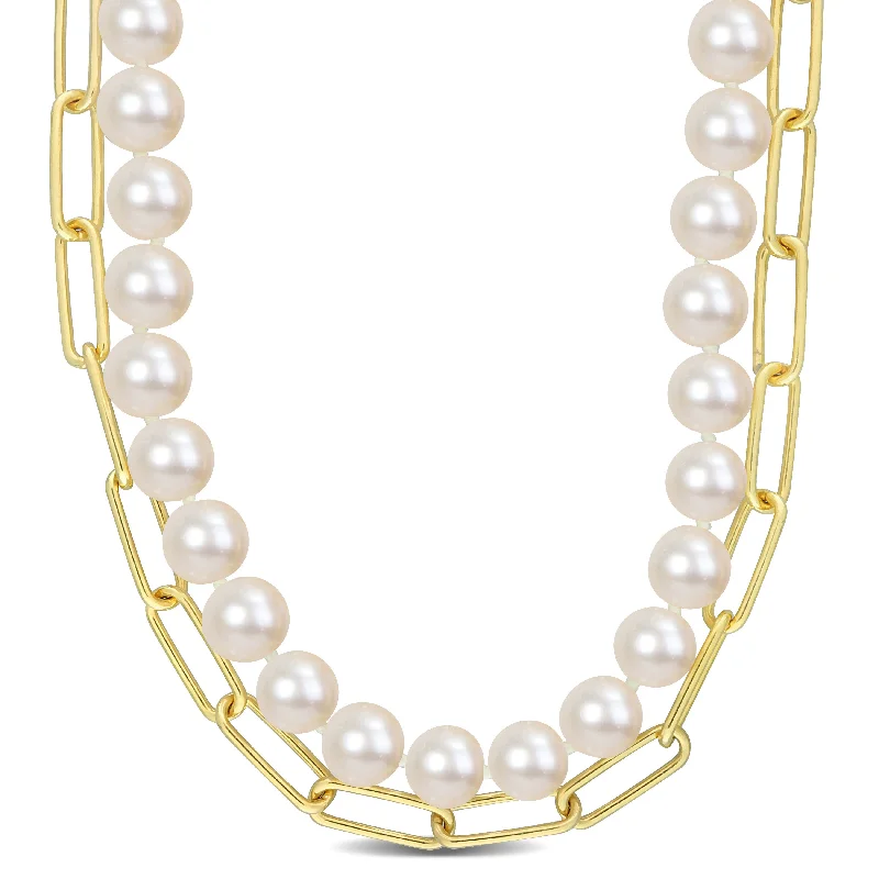 7-7.5 MM Cultured Freshwater Pearl and 5 MM Link Chain Layered Necklace in 18k Gold Plated Sterling Silver