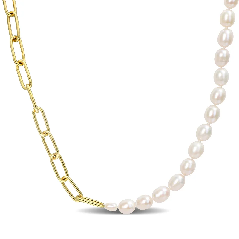 7-7.5 MM Cultured Freshwater Rice Pearl and 6 MM Oval Link Chain Necklace in 18k Gold Plated Sterling Silver