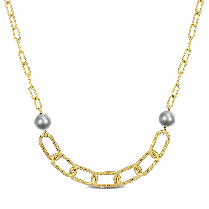 9-10 MM Grey Cultured Freshwater Pearl Chain Bar Necklace in 18k Yellow Gold Plated Sterling Silver