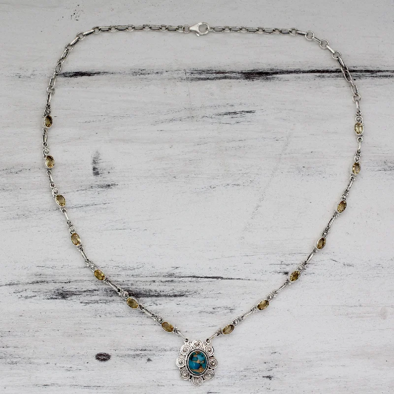 Golden Sky Halo India Silver and Citrine Necklace with Composite Turquoise