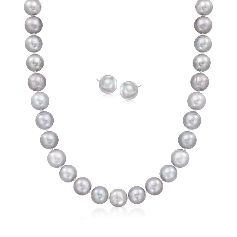 Ross-Simons 10-11mm Gray Cultured Pearl and . CZ Jewelry Set: Stud Earrings and Necklace With Sterling Silver