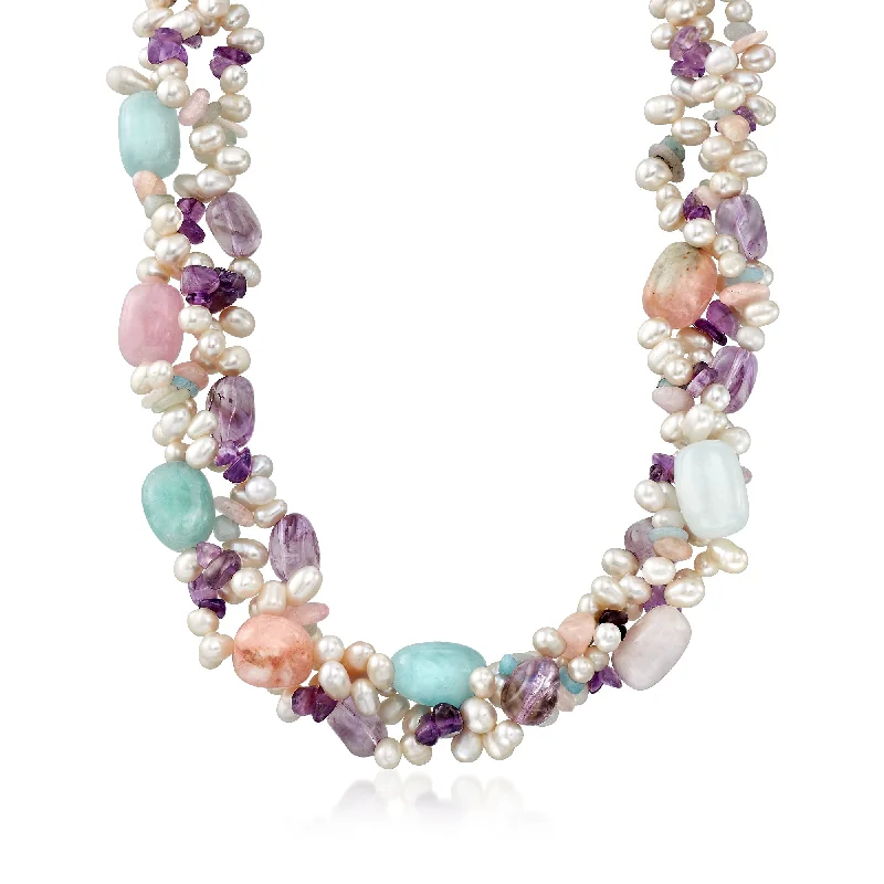 Ross-Simons 4-6.5mm Cultured Pearl and Multi-Stone Torsade Necklace With Sterling Silver