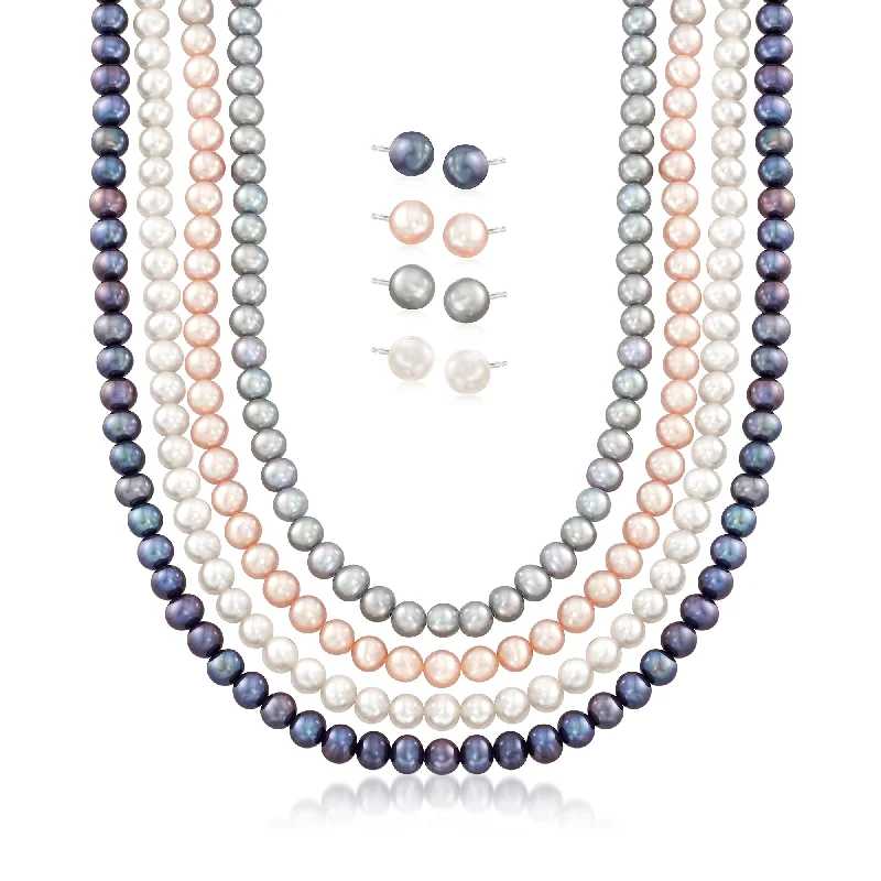 Ross-Simons 5-7mm Multicolored Cultured Pearl Jewelry Set: 4 Necklaces and 4 Pairs Of Stud Earrings in Sterling