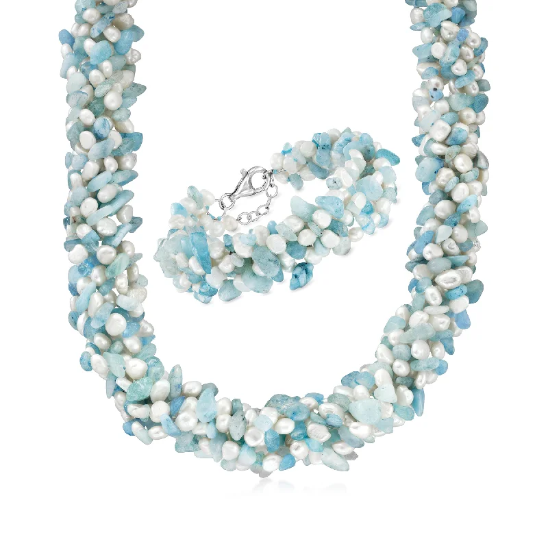 Ross-Simons Aquamarine Bead and 5-6mm Cultured Pearl Torsade Necklace With Free Bracelet