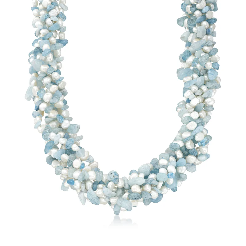 Ross-Simons Aquamarine Bead and 5-6mm Cultured Pearl Torsade Necklace With Sterling Silver