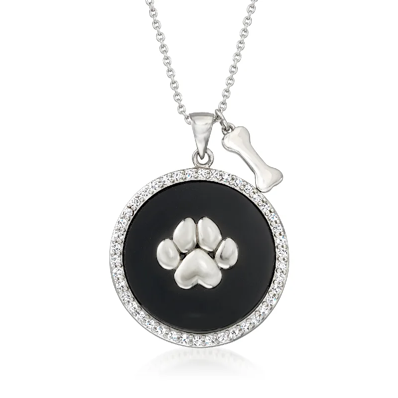 Ross-Simons Black Onyx and White Topaz Dog Paw Pendant Necklace in Sterling Silver