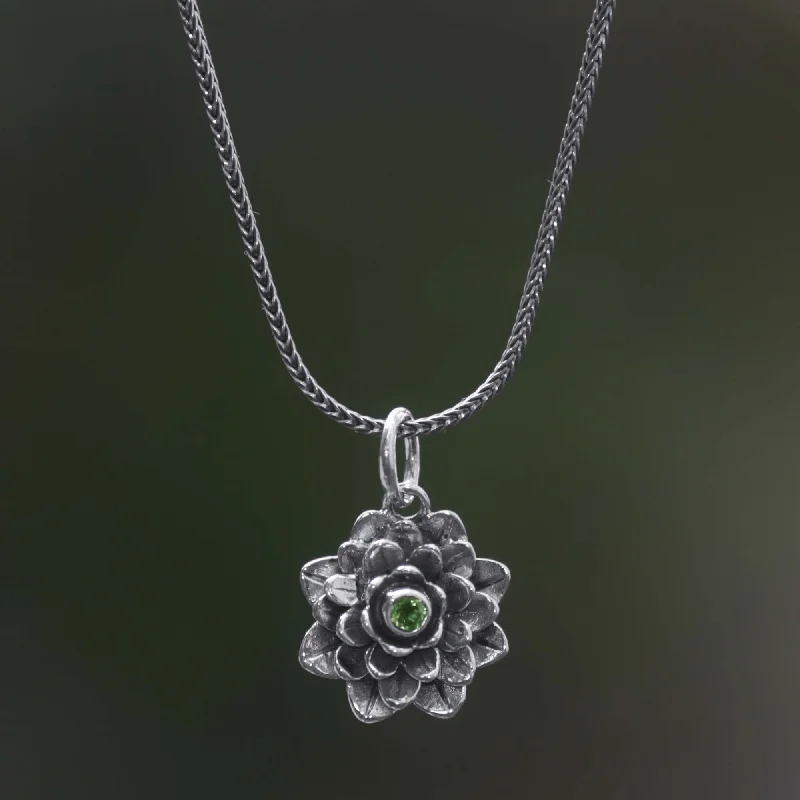 Sacred Green Lotus Floral Sterling Silver and Peridot Pendant Necklace