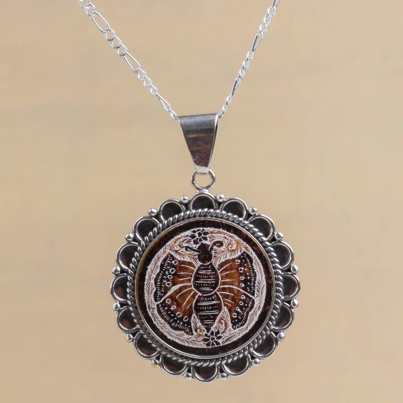 Sunflower Butterfly Peruvian Mate Gourd Pendant Necklace