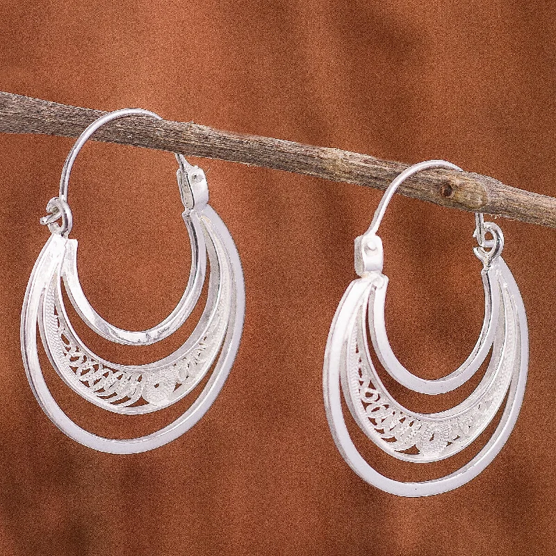 Artisanal Crescent Moons Sterling Silver Filigree Hoop Earrings from Peru