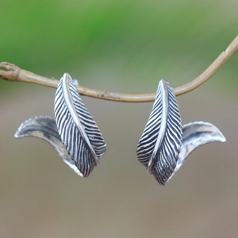 Leafy Curl Leaf-Themed Sterling Silver Half-Hoop Earrings from Java