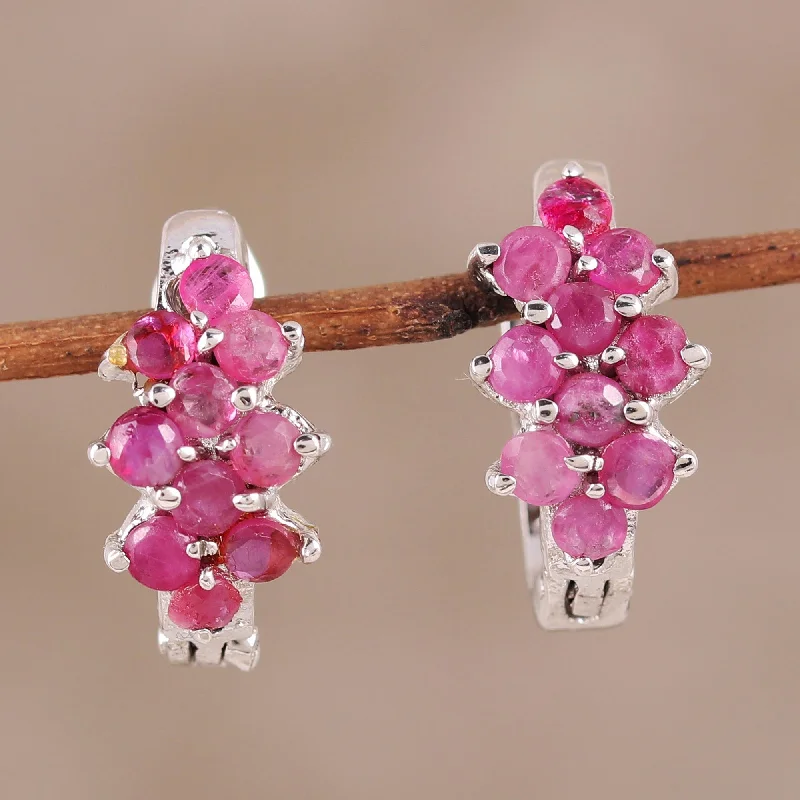 Red Hyacinth Red Ruby and Sterling Silver Half Hoop Earrings from India