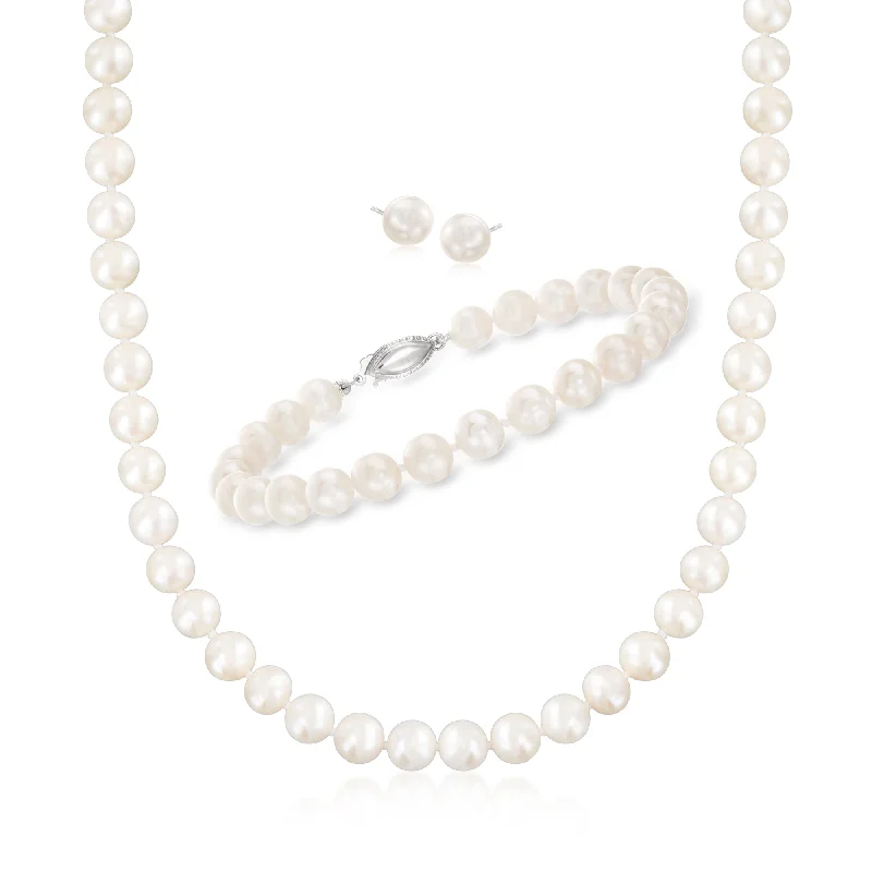 Ross-Simons 6.5-7mm Cultured Pearl Jewelry Set: Necklace, Bracelet and Stud Earrings in Sterling Silver