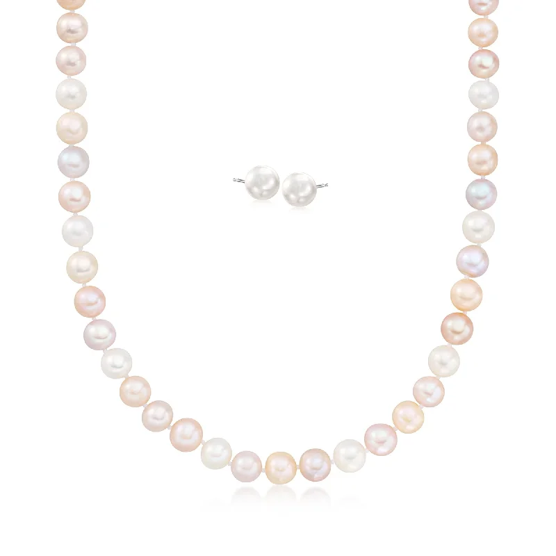 Ross-Simons 9-9.5mm Multicolored Cultured Pearl Jewelry Set: Necklace and Stud Earrings With Sterling Silver