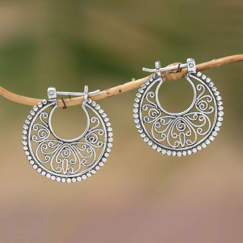 Swirling Radiance Sterling Silver Hoop Earrings Handcrafted in Bali