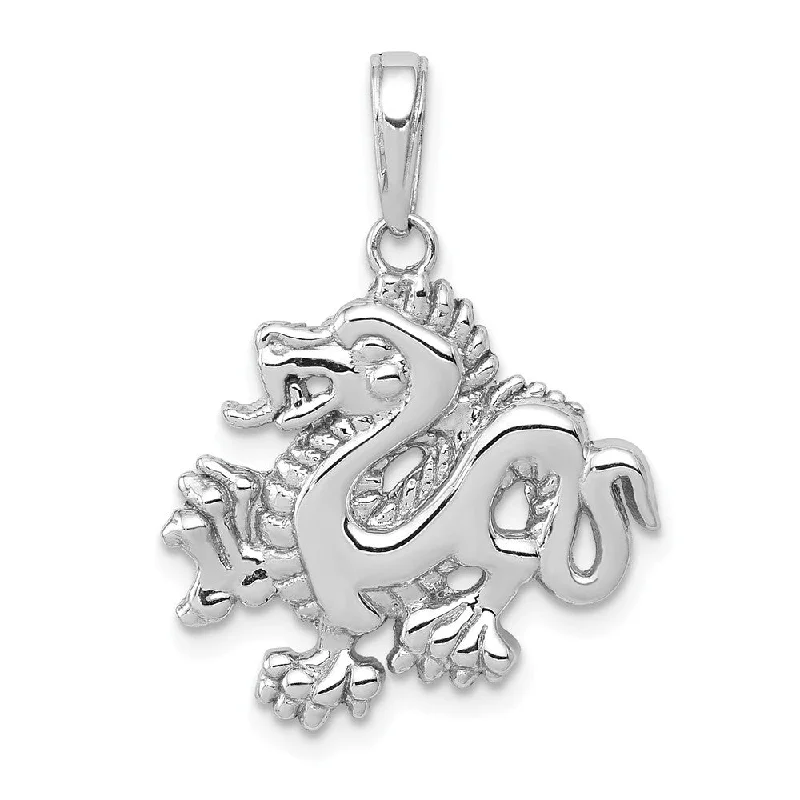 14k White Gold 2D Dragon Pendant, 18mm