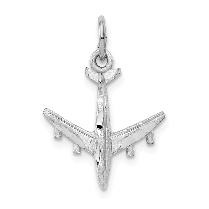 14k White Gold Satin and Diamond Cut 3D Airplane Charm