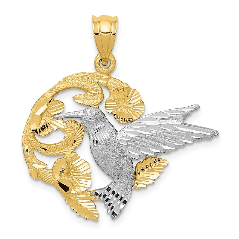 14k Yellow and White Gold 28mm Hummingbird and Flower Pendant