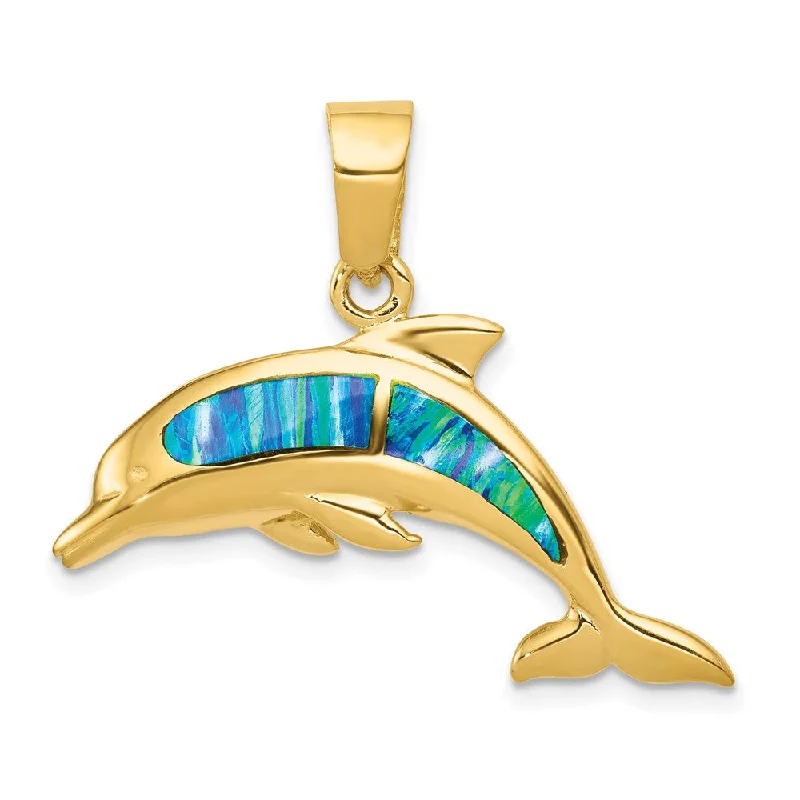 14k Yellow Gold and Imitation Opal Dolphin Pendant