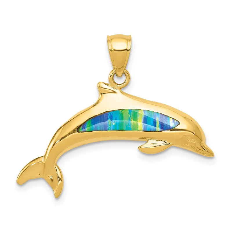 14k Yellow Gold & Imitation Opal Dolphin Pendant