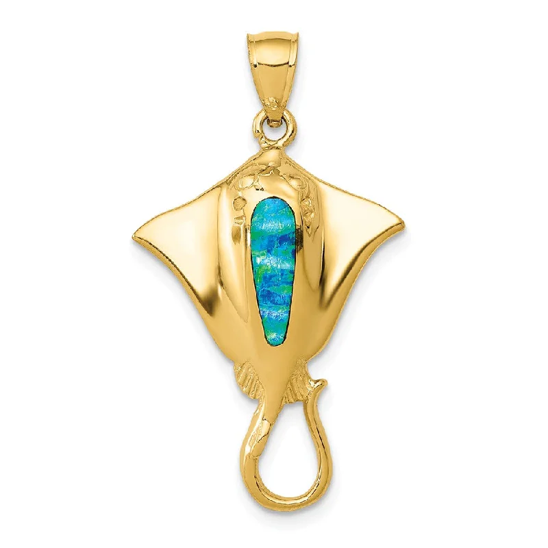 14k Yellow Gold & Synthetic Blue Opal Textured Pendant, 20 x 33mm