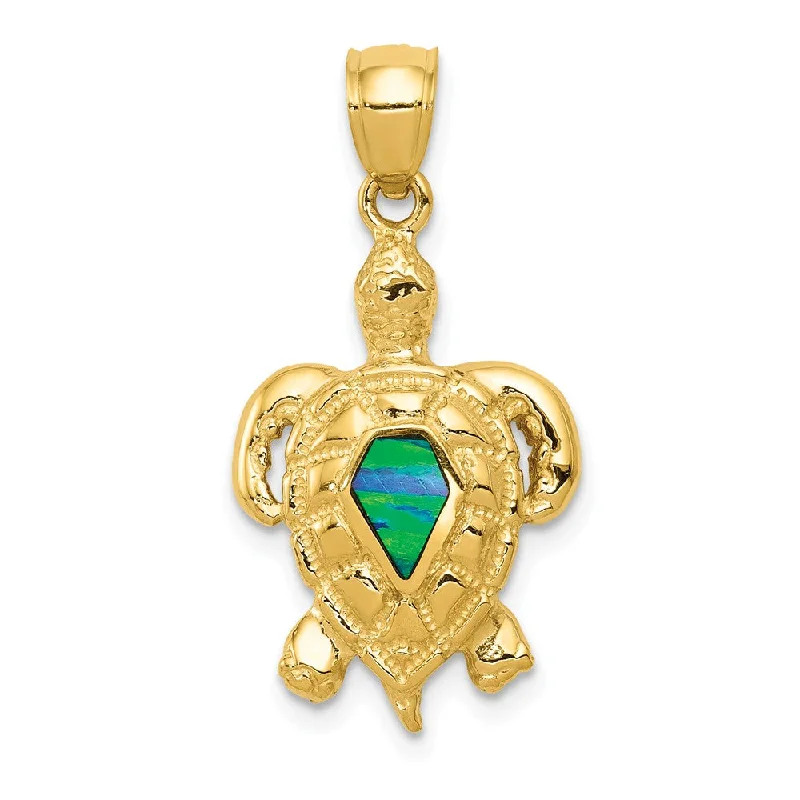 14k Yellow Gold & Synthetic Blue Opal Turtle Pendant, 15mm (9/16 Inch)