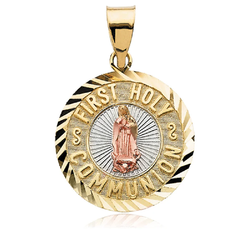 14K Yellow & Rose Gold with Rhodium, First Holy Communion Medal, 18mm