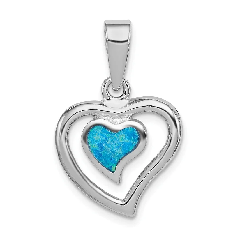 Sterling Silver and Created Blue Opal Inlay Double Heart Pendant, 13mm