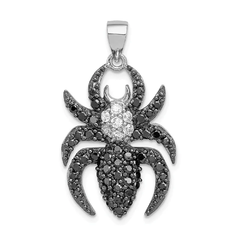 Sterling Silver and CZ Large Black and White Spider Pendant