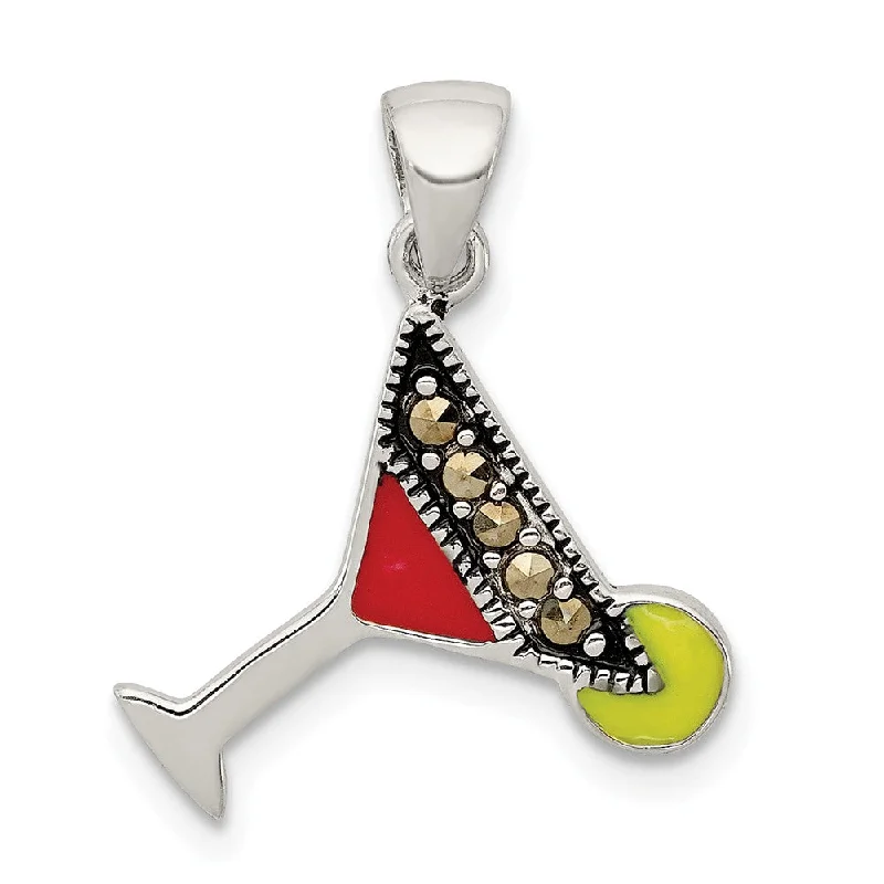 Sterling Silver, Enamel and Marcasite Martini Glass Pendant