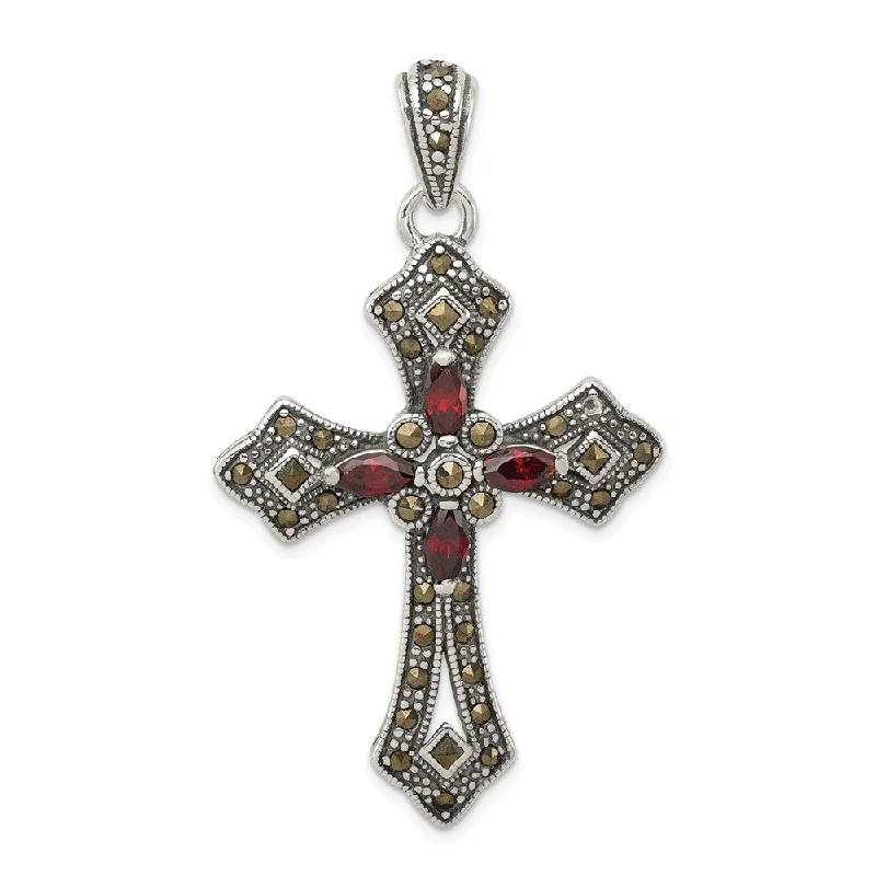 Sterling Silver, Red CZ & Marcasite Antiqued Passion Cross Pendant