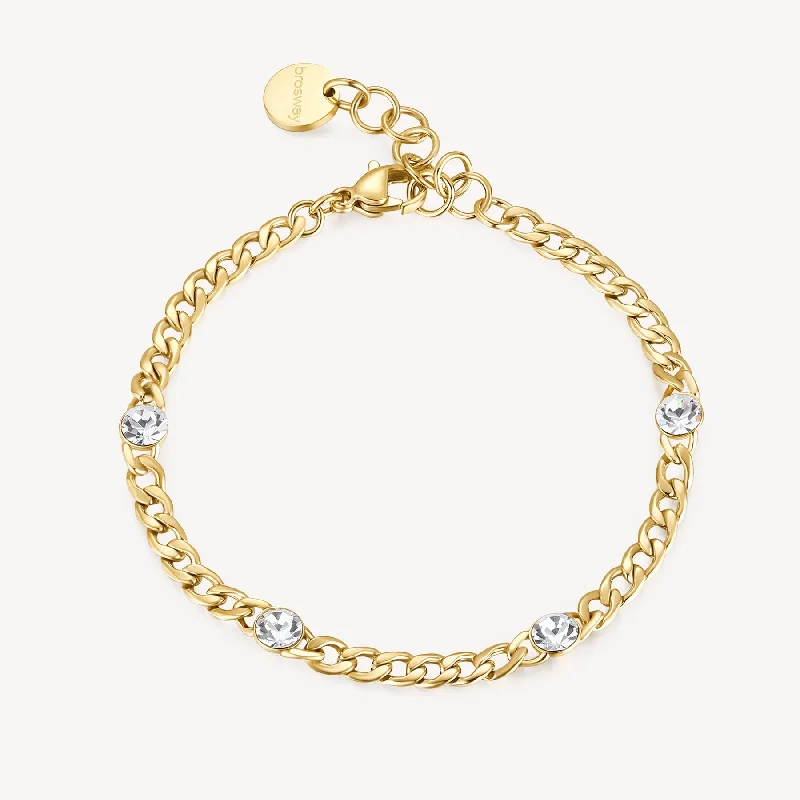 Curb Chain Bracelet with Crystal Stations in Gold Plated Stainless Steel