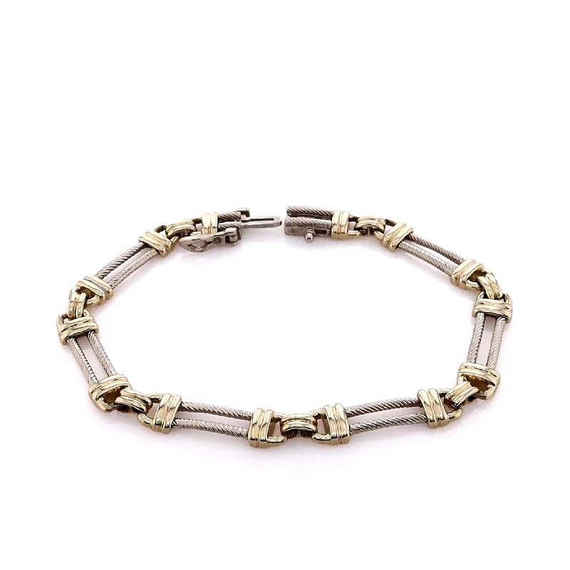 Estate 14k Two-Tone Yellow and White Gold Rectangular Cable Link Bracelet