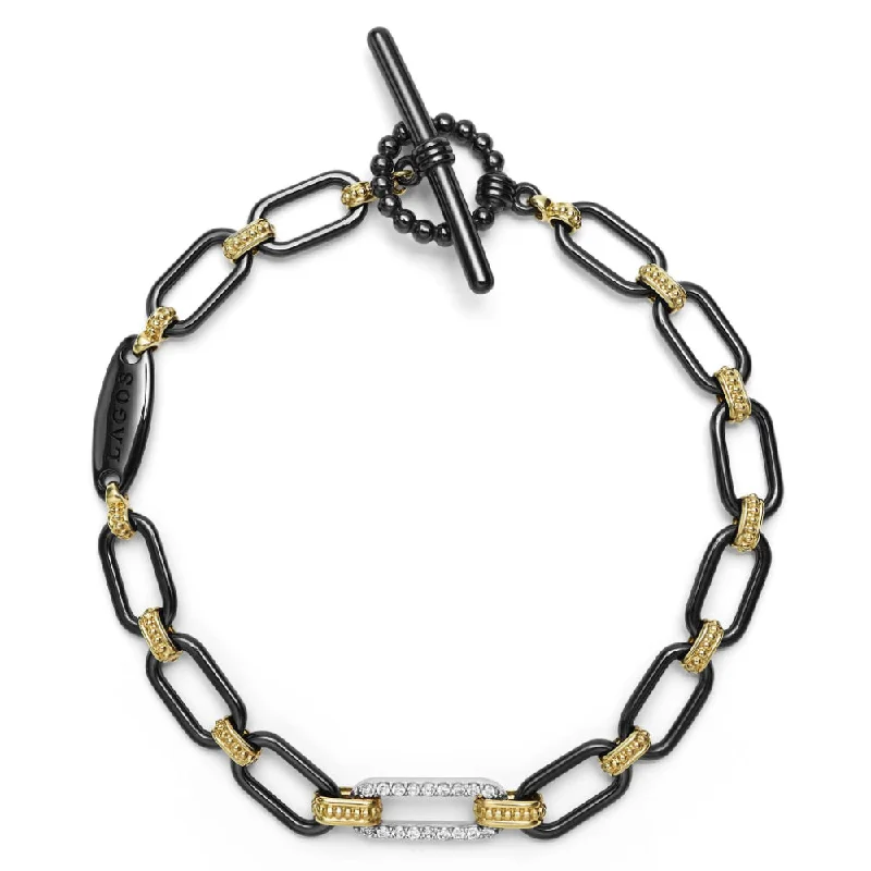 Lagos Signature Caviar 18k Gold and Black Ceramic Diamond Station Link Bracelet, 6mm