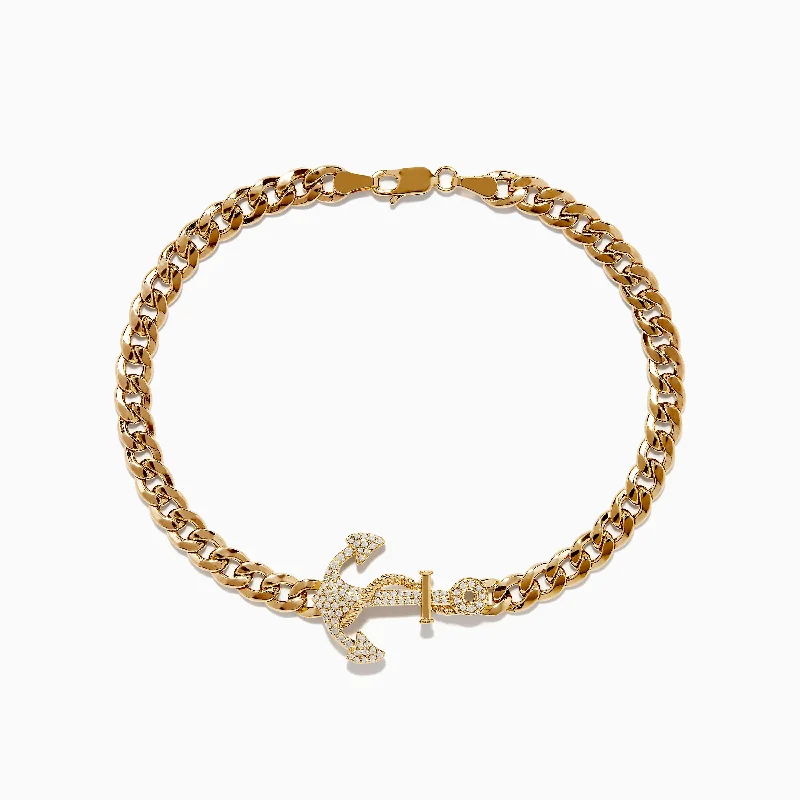 Men's 14K Yellow Gold Diamond Anchor Chain Bracelet